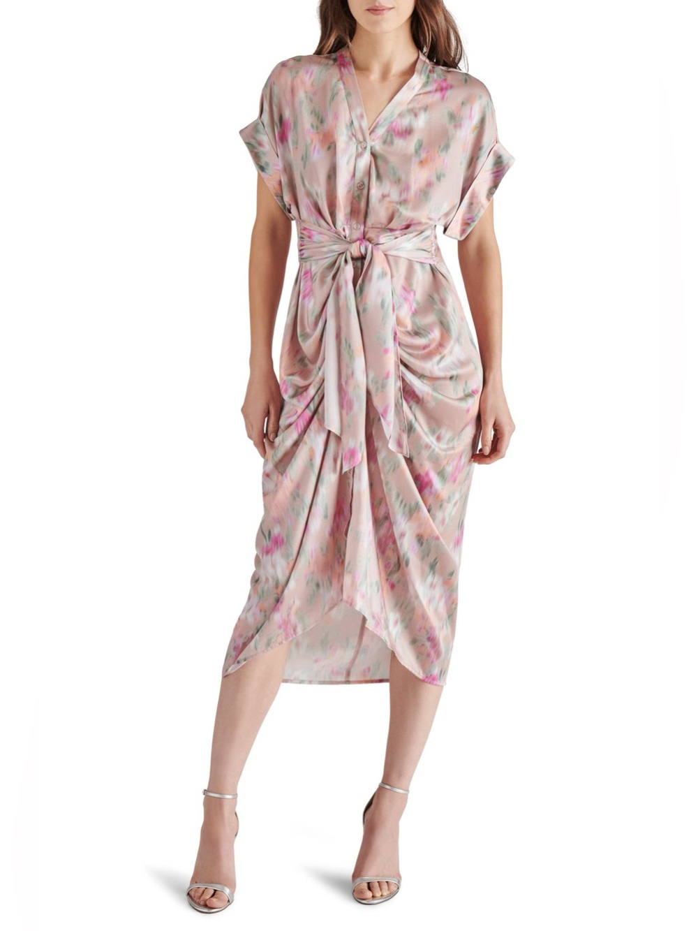 Steve Madden Tony Satin Shirtdress, Size Medium, Watercolor tie dress
